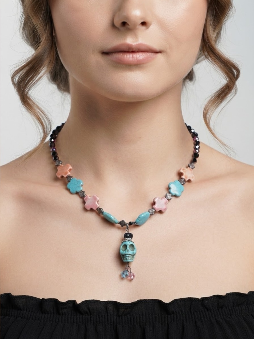 Beaded Necklace with Hand-Carved Turquoise Howlite Skull Pendant